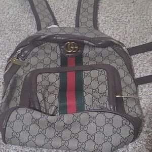 Gucci GG Canvas Backpack with Brown Trim and Green/Red Web